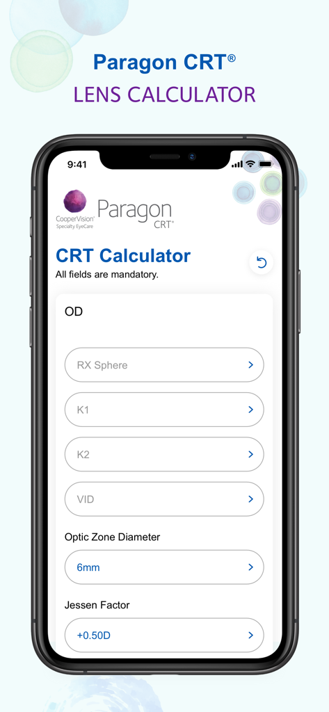 안과 의사를 위한 임상 측정 입력 필드를 보여주는 Paragon CRT 렌즈 계산기 앱의 스마트폰 디스플레이