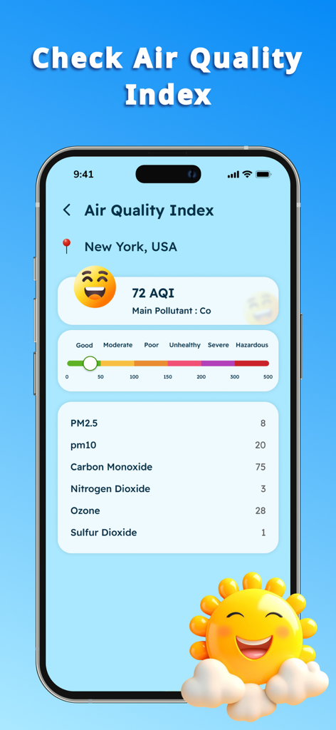 Thermometer - Inside & Outside - Smartphone screen displaying live Air Quality Index and pollutant levels in New York