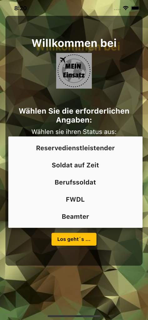 meinEinsatz-AVZ - Un écran d'accueil de l'application meinEinsatz-AVZ montrant un menu pour sélectionner le statut de service militaire sur un fond de camouflage.
