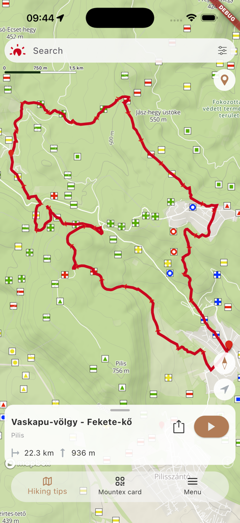 Mountex - Mountex app screenshot showing a red hiking trail route on a detailed topographic map in Hungary