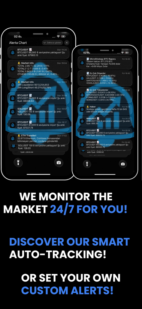 Smartphone lock screen showing real-time crypto price alerts and market liquidation notifications from Alerta Chart.