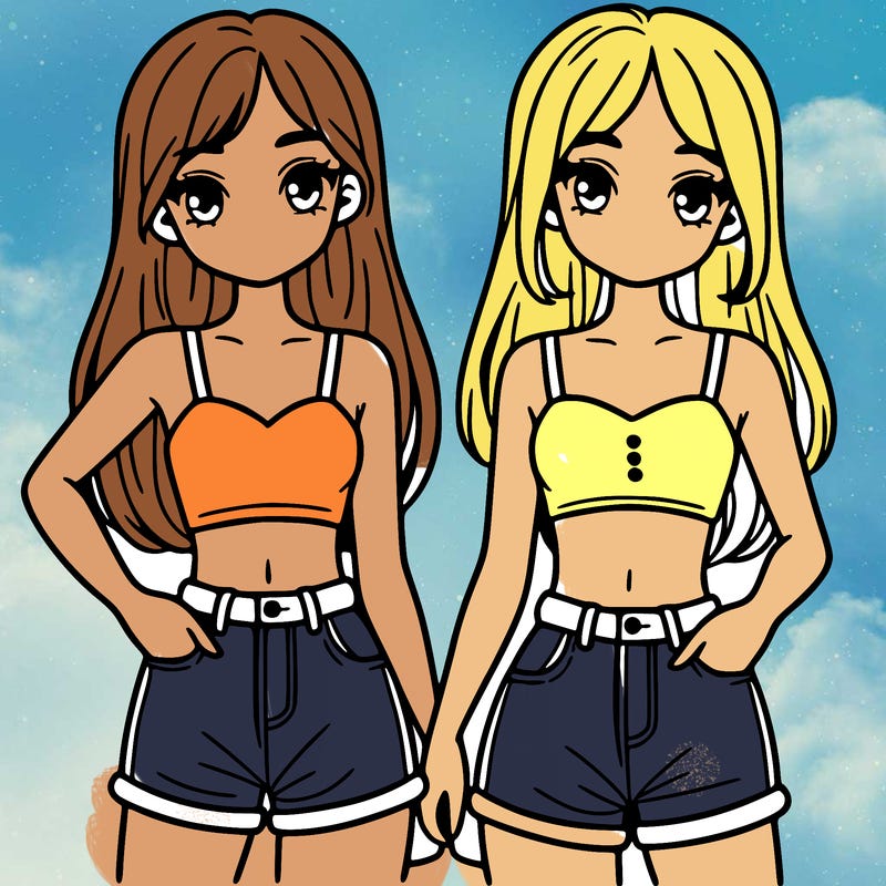 two sisters with crop tops and jean shorts and straight hair