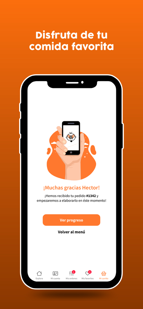 Pantalla de confirmación de pedido en la app Dong Sushi mostrando un mensaje de agradecimiento en español por un pedido de sushi completado