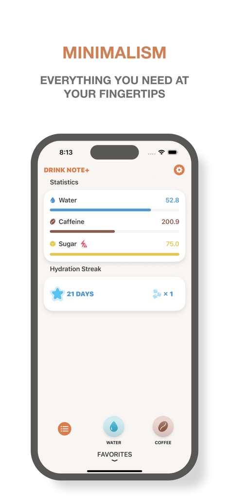 Drink Note – Water Tracker - Drink Note 앱 대시보드, 미니멀리스트 디자인으로 일일 물, 카페인, 설탕 섭취량 통계를 보여줍니다.