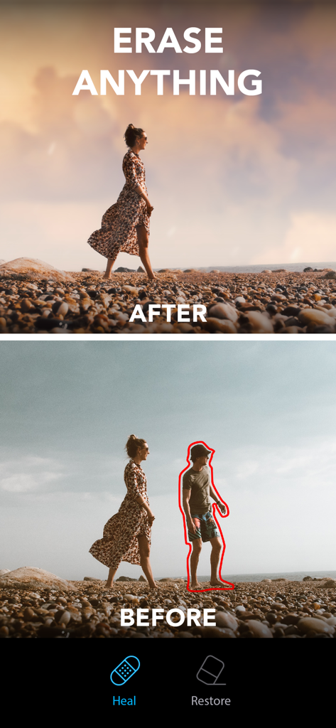 Ein Vorher-Nachher-Vergleich, der eine Person zeigt, die mit dem Lightleap Reparatur-Tool aus einem Strandfoto entfernt wurde