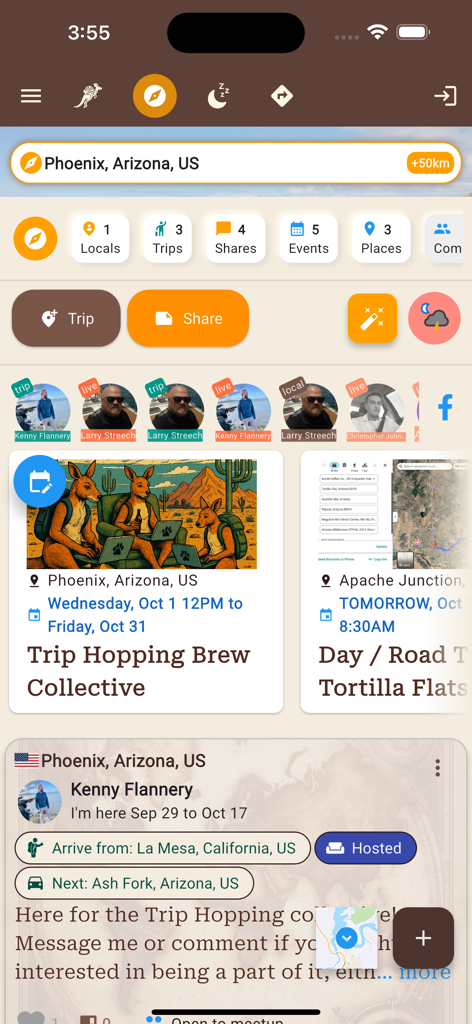 Interfaz de la aplicación Trip Hopping mostrando eventos de viajes locales y perfiles de viajeros en Phoenix, Arizona