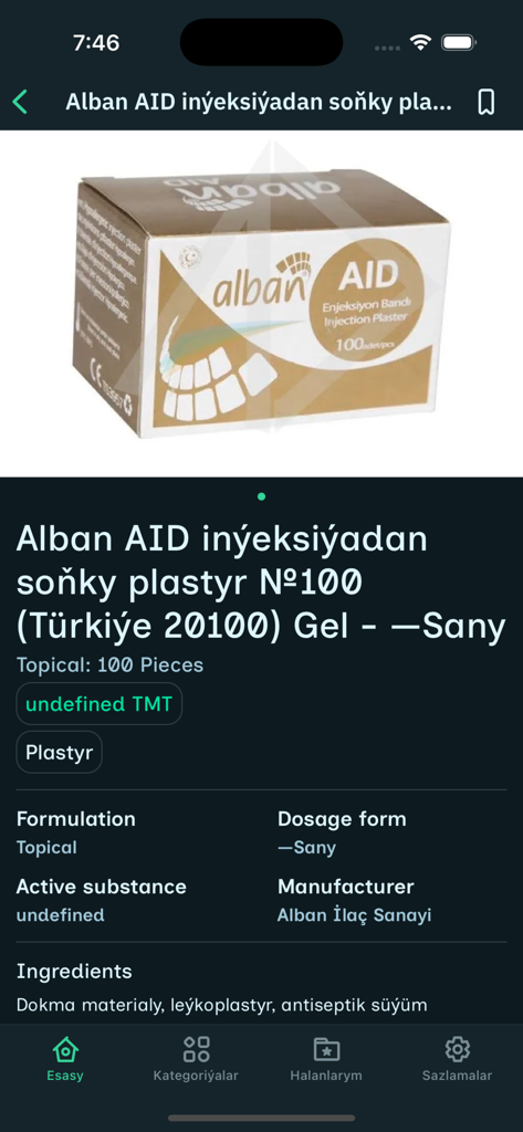 Melhem - Tela de detalhes do produto no aplicativo Melhem exibindo informações para curativos de gesso Alban AID, incluindo fabricante e ingredientes.