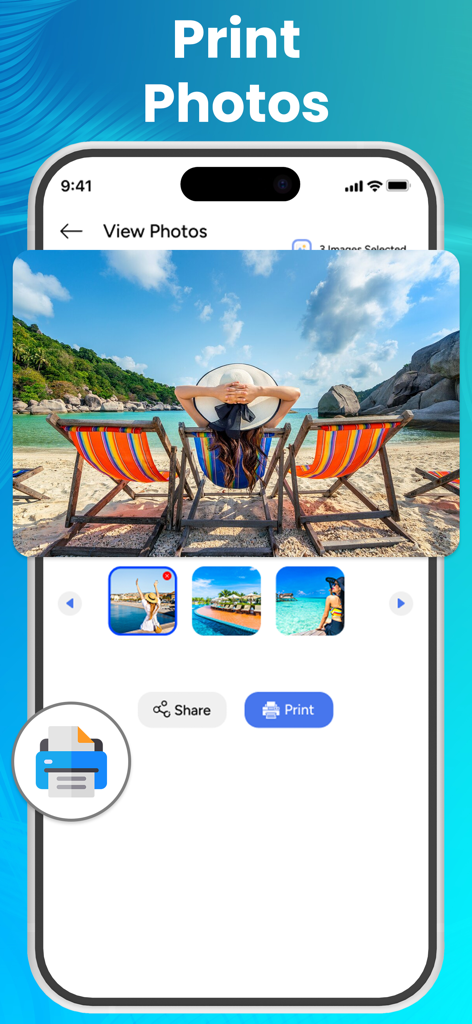 Pantalla de iPhone mostrando la interfaz de la aplicación Smart Printer para seleccionar e imprimir fotos de vacaciones de una galería móvil
