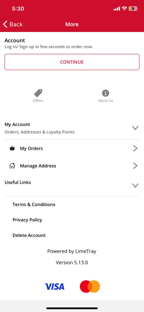 Jollibee Brunei - Jollibee Brunei mobile app More menu screen showing options for account login, order history, address management, and payment methods