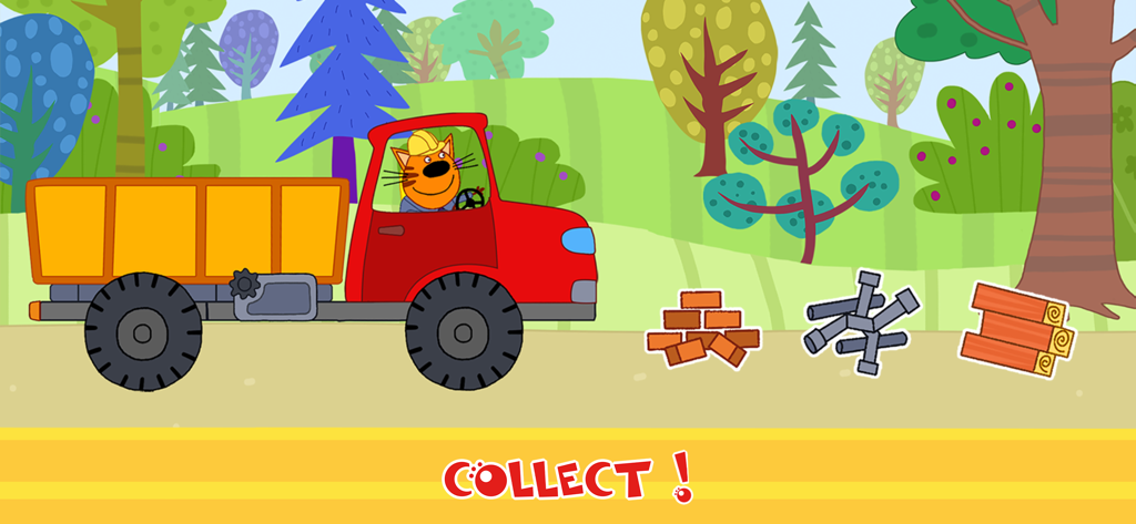 Kid-E-Cats: Building Car Games - Kid-E-Cats character driving a red truck to collect construction materials