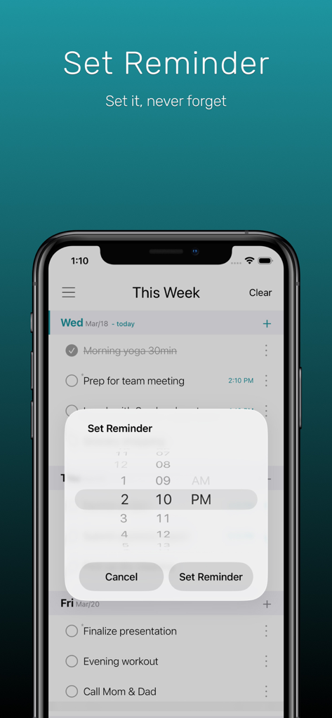 This Week - Weekly To-Do List - Oberfläche, die den Popup-Auswahldialog für die Erinnerungszeit in der Diese Woche To-Do-Listen-App anzeigt
