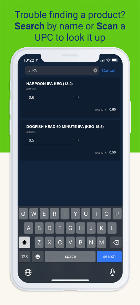 Crunchtime Counter - Crunchtime Counter app search screen showing inventory items like beer kegs with an option to search by name or UPC