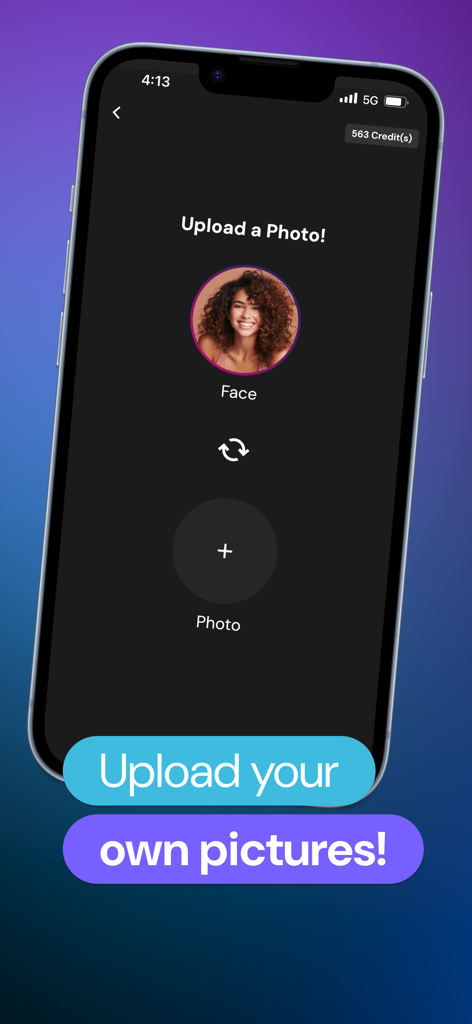 Interface of the FaceFlip AI app showing the screen to upload personal photos for face swapping.