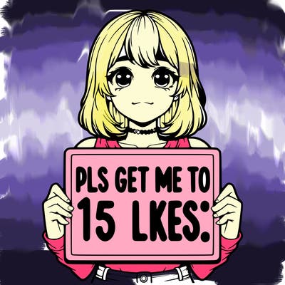 realistic girl holding up a sign that says “pls get me to 15 likes!”