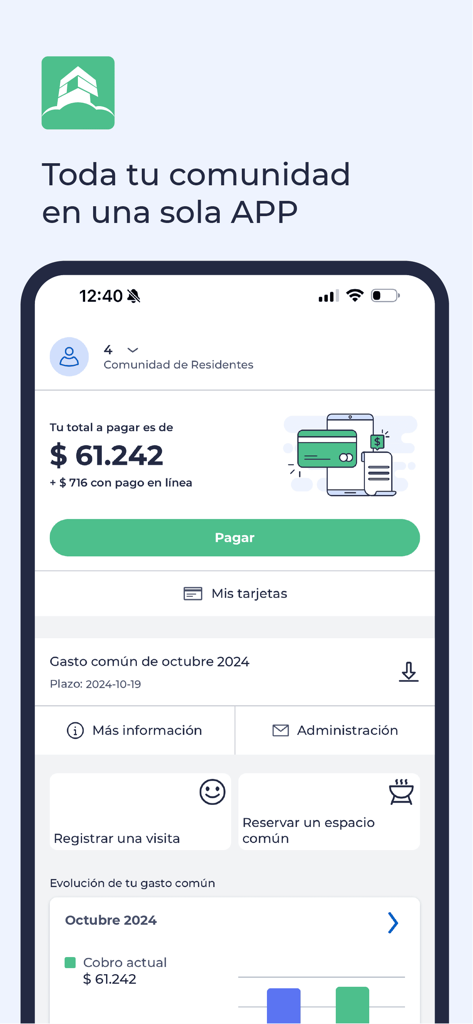 ComunidadFeliz - Interface of the ComunidadFeliz app showing the main dashboard with payment options and resident services.