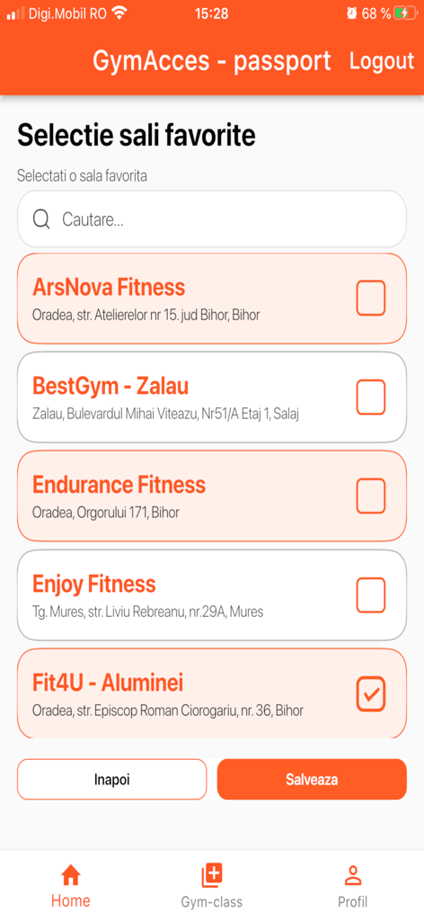 GymAcces Passport - Interfaccia per la selezione delle palestre preferite nell'app GymAcces Passport con un elenco di centri fitness e una barra di ricerca.