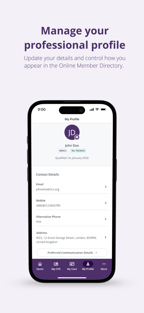 RICS Member App profile management interface showing member details