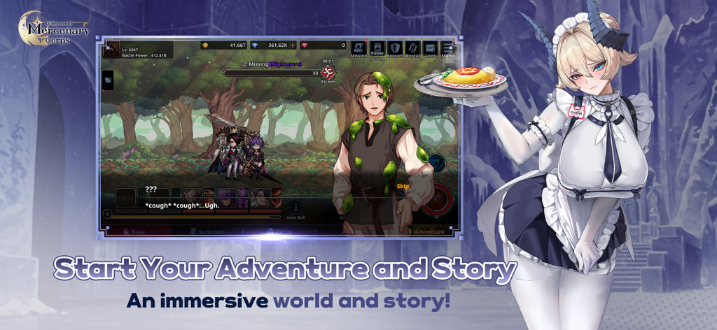 Otherworld Mercenary Corps - An anime maid character and a gameplay dialogue scene illustrating the immersive story of Otherworld Mercenary Corps.