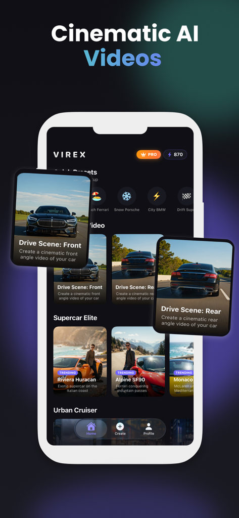 Interface of the Virex AI app showing options to create cinematic drive scenes and videos with luxury supercars