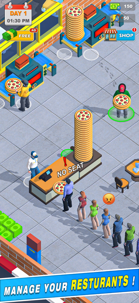 My Pizza Shop Simulator Game - ピザショップシミュレーターのゲームプレイ。客が並び、店員が注文を準備しているカウンターを表示。