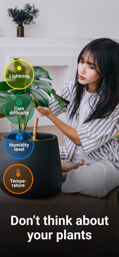 AI Plant Identifier・Care－Lily - A young woman inspecting a Monstera plant with icons representing light, care difficulty, humidity, and temperature requirements.