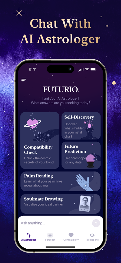 Futurio app interface featuring AI astrologer chat and spiritual services like palm reading and compatibility checks