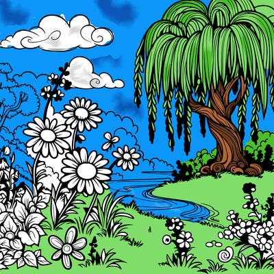 fantasy landscape with flowers and a willow tree