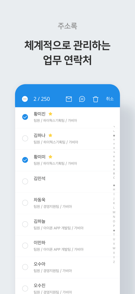 Hiworks mobile app interface showing a list of business contacts in the address book