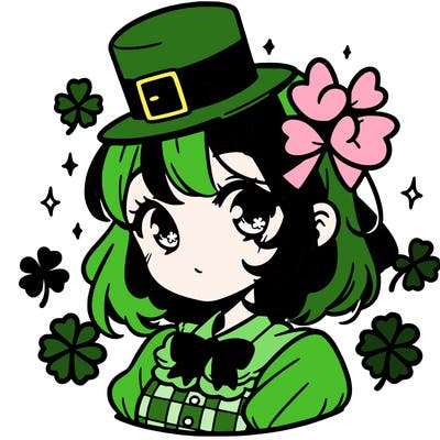 a manga-style girl with clovers around her, a little hat in her hair, like it's saint patrick's day