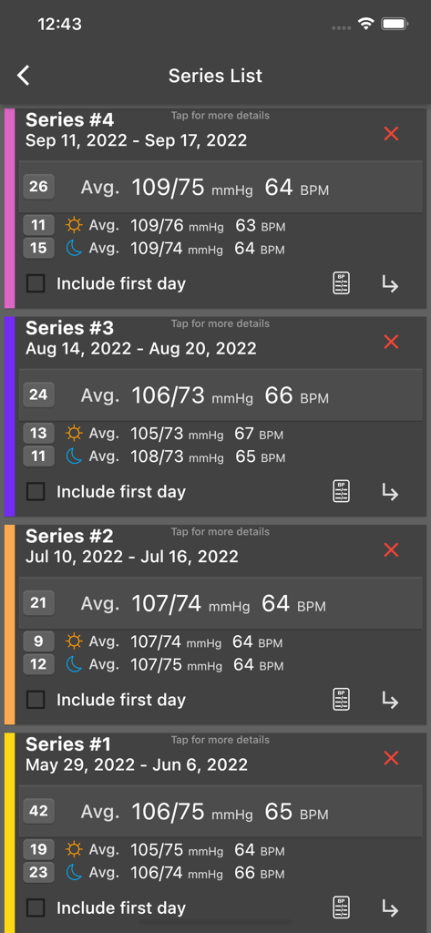 MediLink by BIOS - The MediLink by BIOS app displaying a series list of historical blood pressure and heart rate averages.