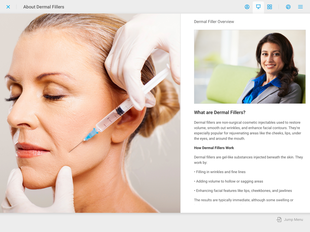 TouchMD Consult - for Staff - TouchMD Consult app interface displaying an educational page about dermal fillers with a procedure image and descriptive text