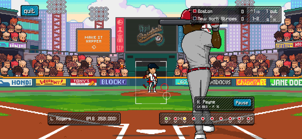 A retro pixel art style baseball game showing a batter facing a pitcher during a match.