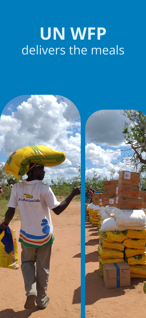 ShareTheMeal: Charity Donate - A person carrying a food sack and stacks of supply boxes delivered by the UN World Food Programme