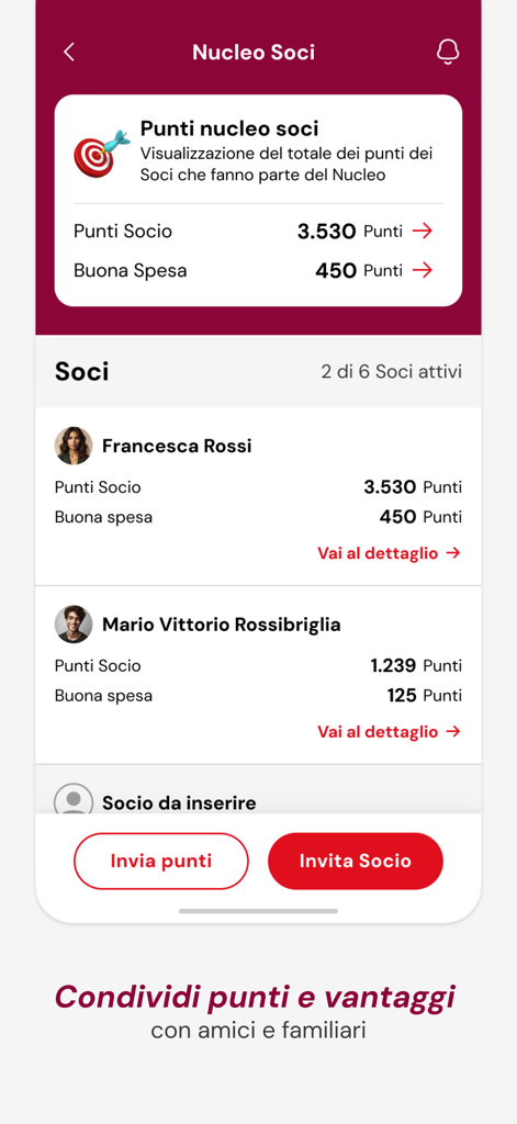 Interfaccia dell'app coop.fi che mostra i punti del gruppo membri e le opzioni per condividere premi con la famiglia