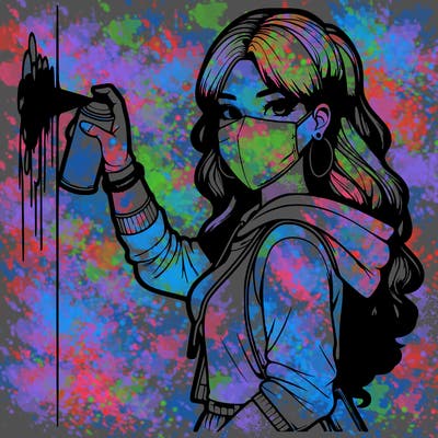 realistic girl with mask spray painting a wall