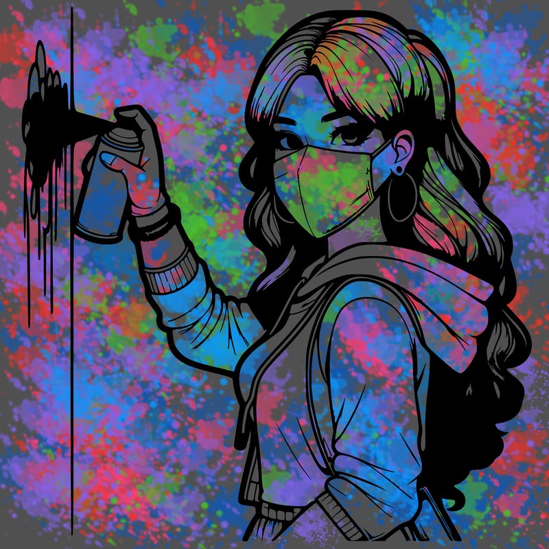 realistic girl with mask spray painting a wall