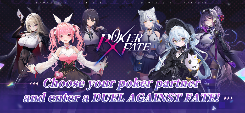 Six anime characters from Poker Fate ACG Texas Holdem under the text Choose your poker partner