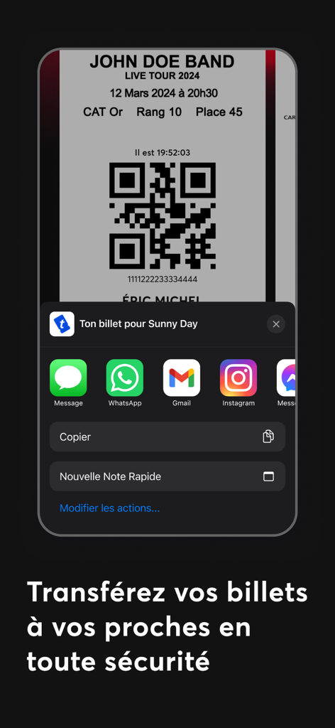 Fan Wallet - A mobile interface showing the Fan Wallet app's secure ticket transfer feature with a QR code and sharing options via Message and WhatsApp.