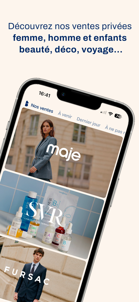 The Bradery - Private Sales - MajeやFursacのようなプレミアムファッションおよび美容ブランドのプライベートセールを紹介するThe Braderyのモバイルアプリインターフェース