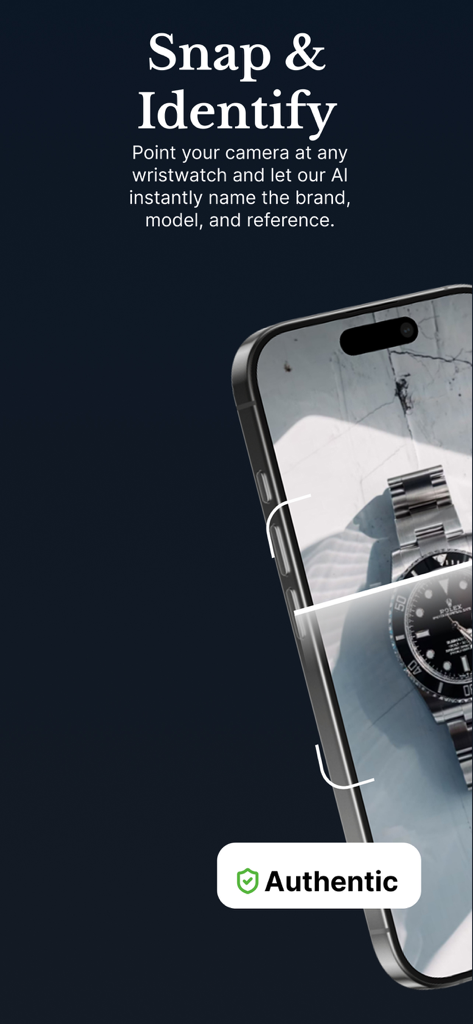 Patina AI - Watch Identifier - Uno smartphone che scansiona un orologio di lusso con uno strumento di identificazione IA che mostra un badge di autenticità.