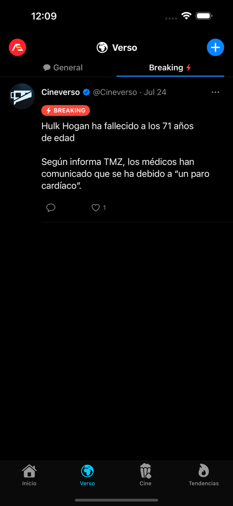Cineverso - Cineverso app breaking news feed showing latest pop culture updates in a social media style interface