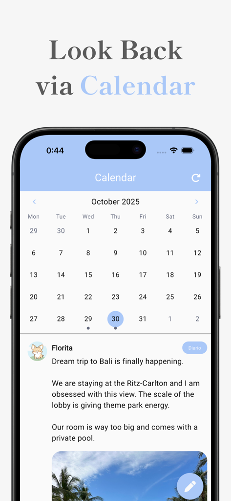Seclog - Private Feed Journal - Seclog app screenshot showing a calendar interface to browse through past private journal entries and photos