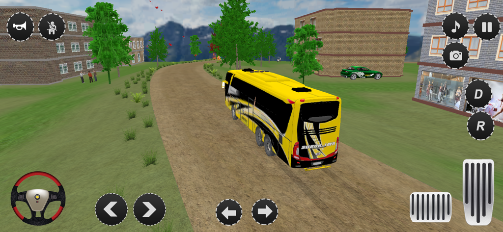 US Bus Public Transport Games - A yellow coach bus driving on a rural road in a 3D simulator