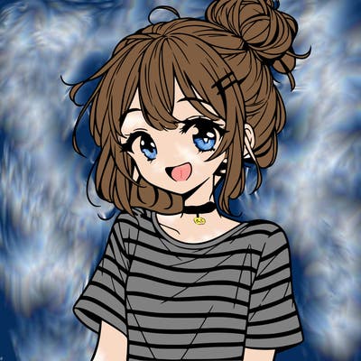 anime girl teenager striped shirt and smile and messy bun