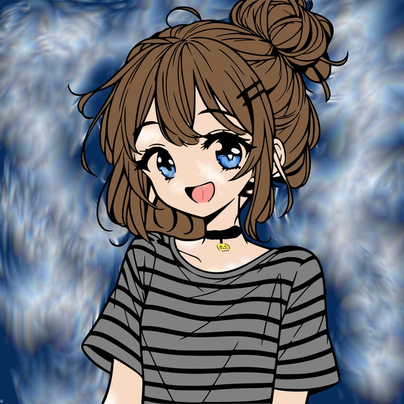 anime girl teenager striped shirt and smile and messy bun