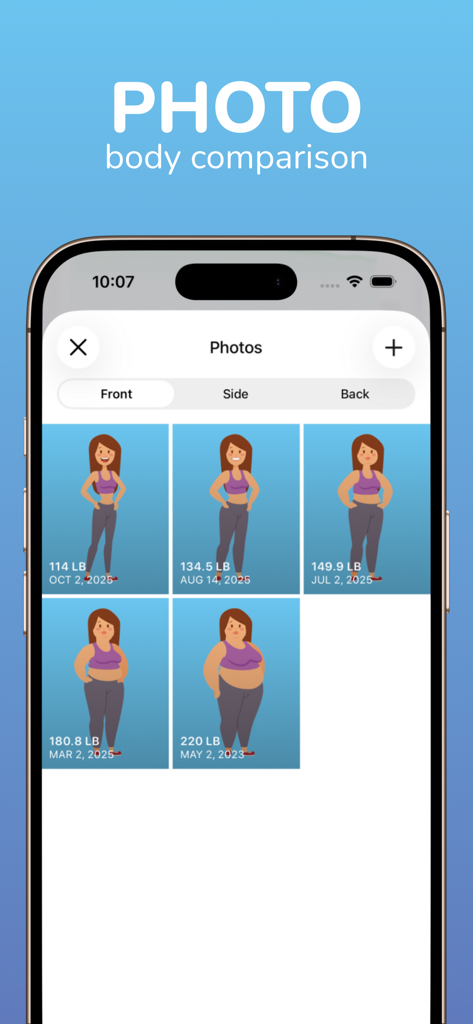 A screen from the yourWeight app showing a body comparison gallery with photos and weight labels to track physical progress.