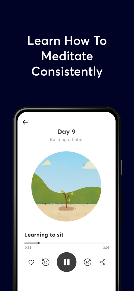 Atom: Meditation for Beginners - The meditation player screen of the Atom app featuring a guided session and a visual tree growth habit indicator.