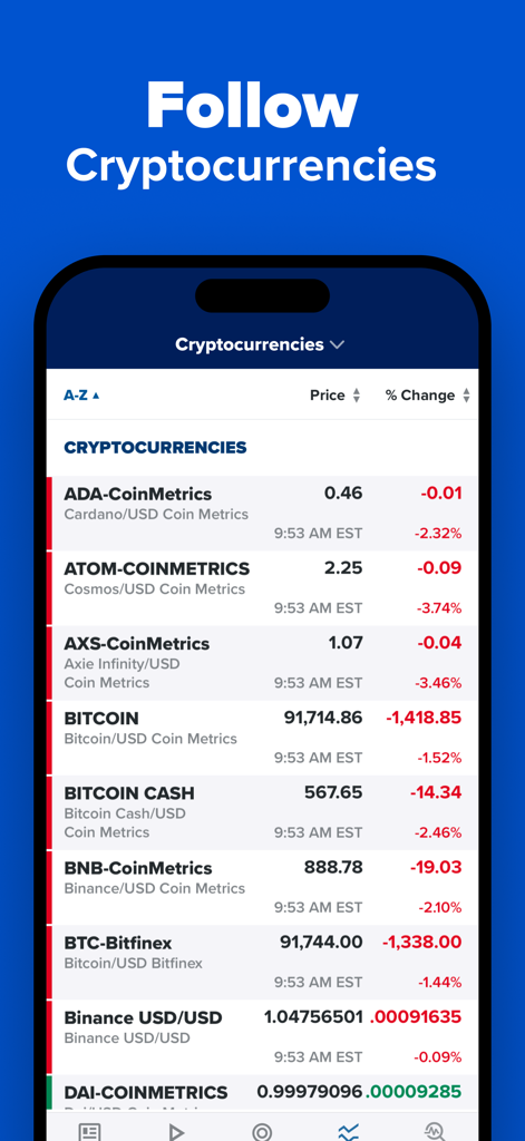 CNBC mobile app showing a list of cryptocurrency prices and percentage changes.