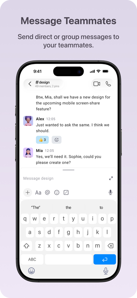 Captura de tela do aplicativo Pumble mostrando uma interface de chat em equipe com mensagens diretas e em grupo