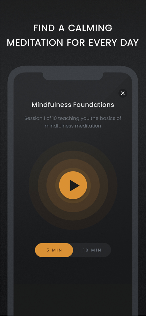 Skill Yoga - Train Mind & Body - Pantalla de la aplicación móvil que muestra una sesión de meditación de atención plena con un botón de reproducción y opciones de duración